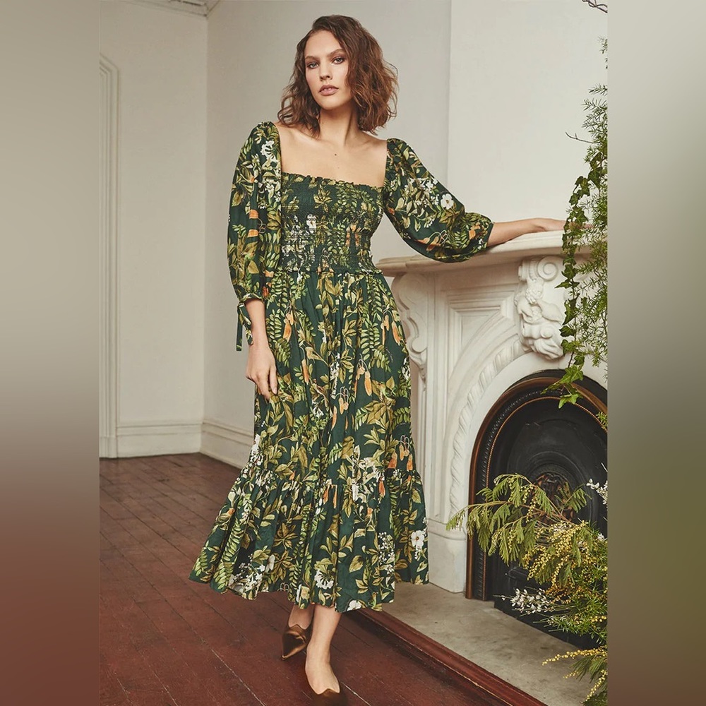 Cara Cara Jazzy Floral Print Dress Botanical Birds Emerald Green Smocked Size L